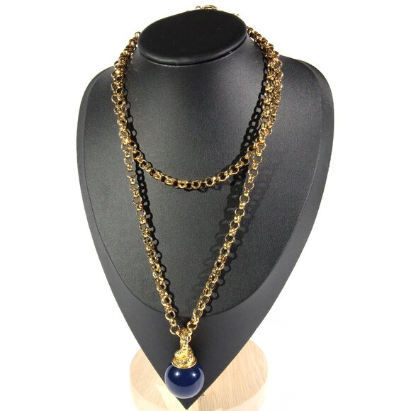 Vintage 1990s Anne Klein Gold Tone Necklace with Blue Ball Pendant - Picture 1 of 7